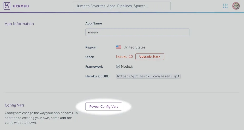 Screenshot showing the Config Vars section of a Heroku app.