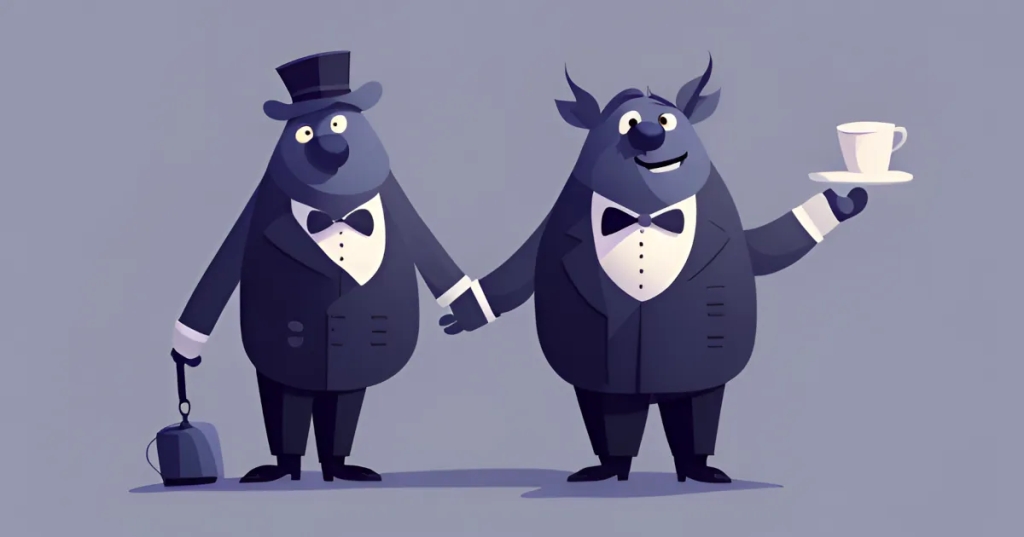Two creatures dressed as butlers, ready to respond to requests, just like ChatGPT.
