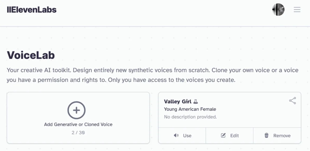 Screenshot of the ElevenLabs VoiceLab for creating a custom voice.